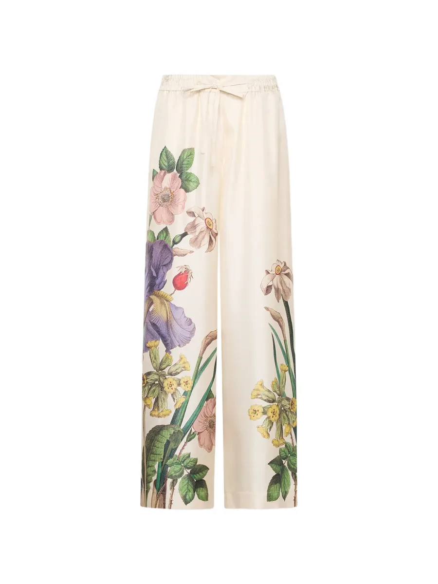 Aloe botanical-print silk palazzo pants 1