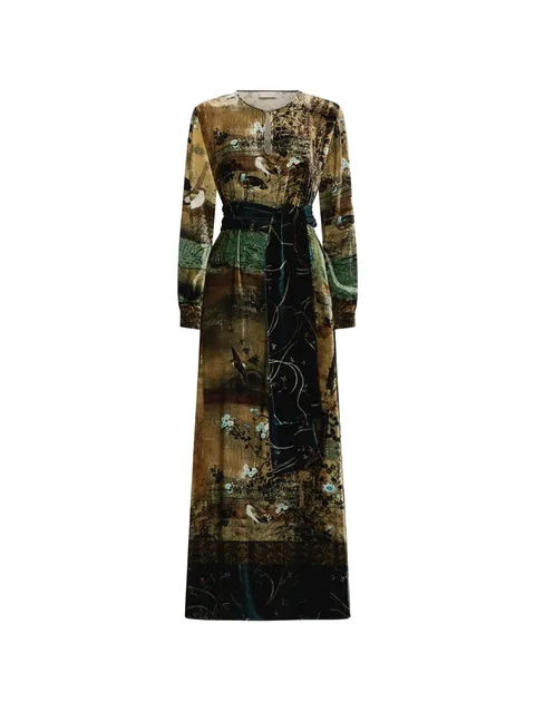 Kanpur landscape-print belted maxi dress