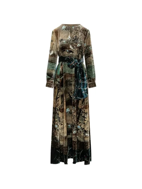 Kanpur landscape-print velvet maxi dress