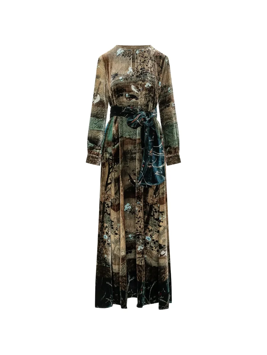 Kanpur landscape-print velvet maxi dress 1