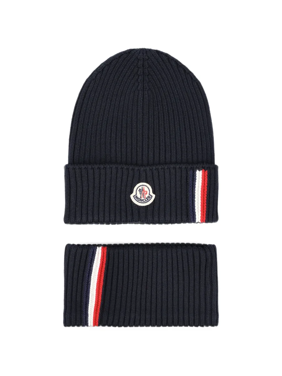 logo-patch ribbed-knit set beanie hat and scarf 1
