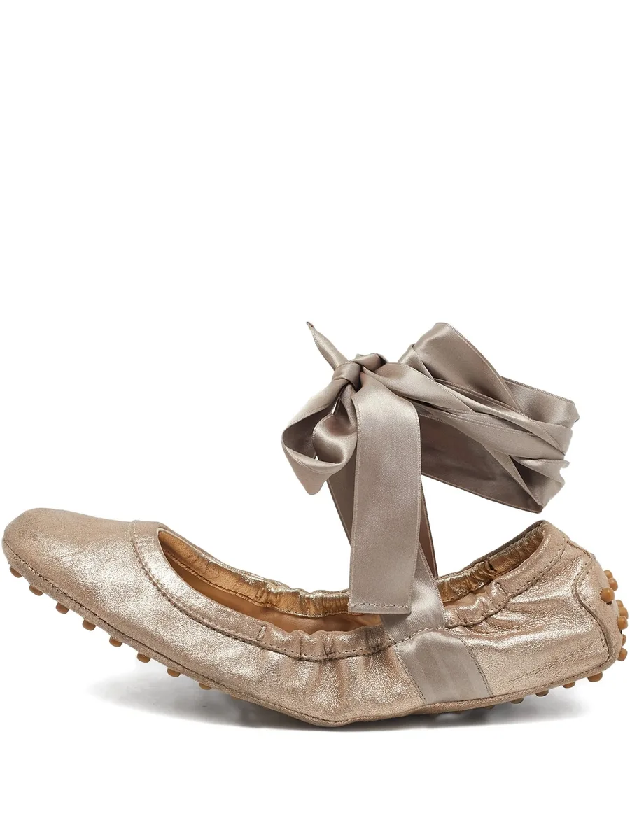 Pre-Owned nubuck-leather ribbon-fastening ballet flats 1