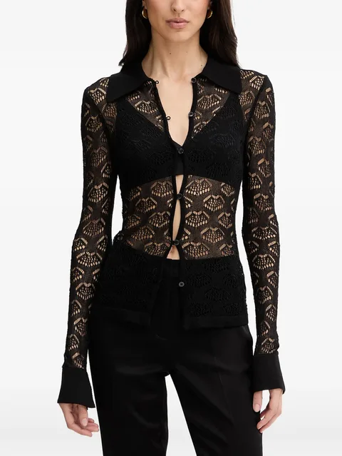 lace-knit polo-collar cardigan