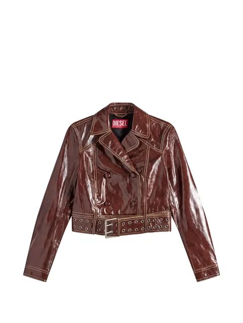 patent-leather jacket with large belt