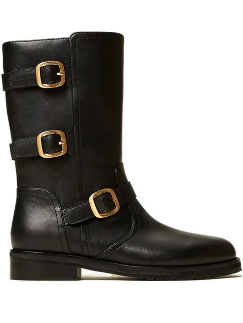 triple-buckle biker boots
