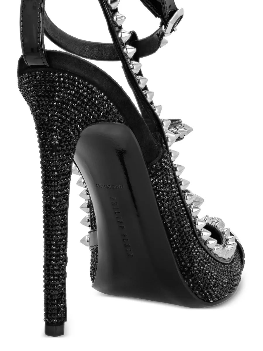 leather strass sandals high heels studs 8