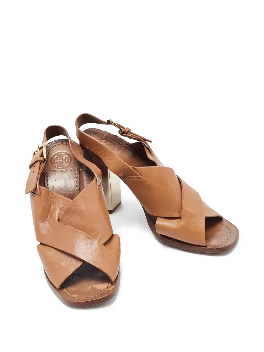 pre-owned 100mm cross-strap block-heel sandals 8