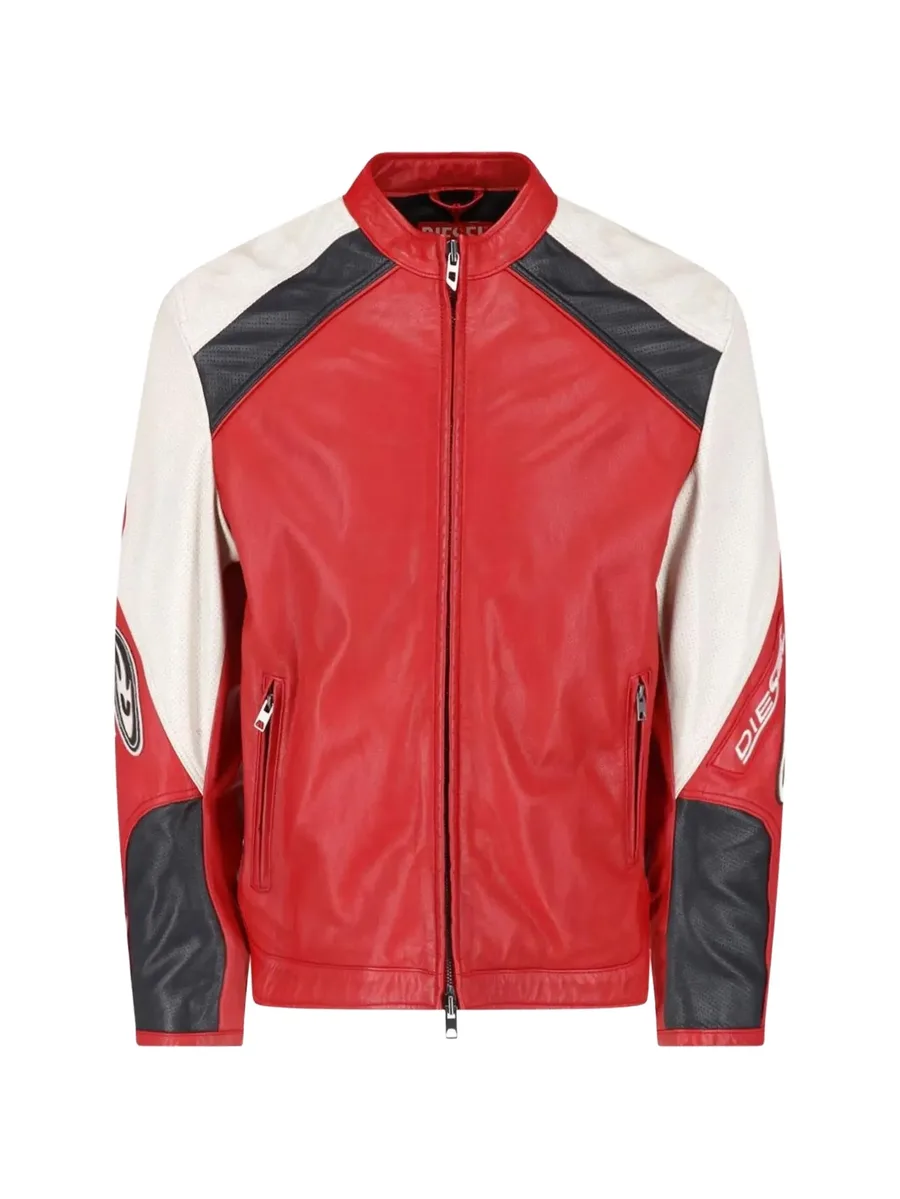biker jacket in colour-block perforated leather 1