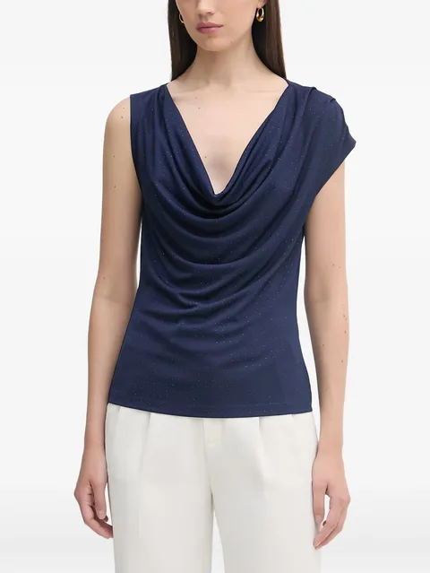 Raman crystal-embellished cowl-neck top