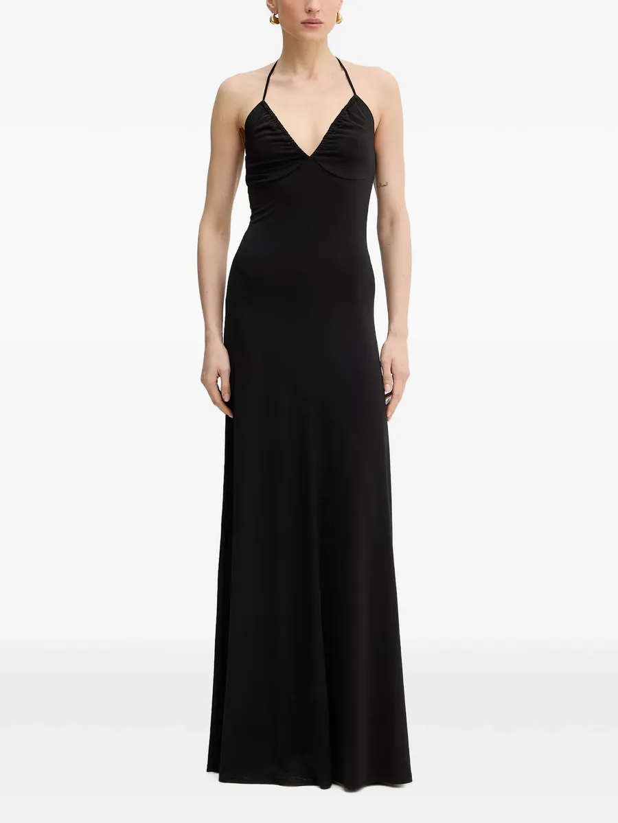 halterneck ruched maxi dress 1