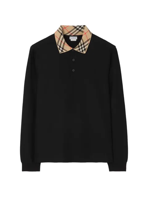 long-sleeve Check collar cotton polo shirt