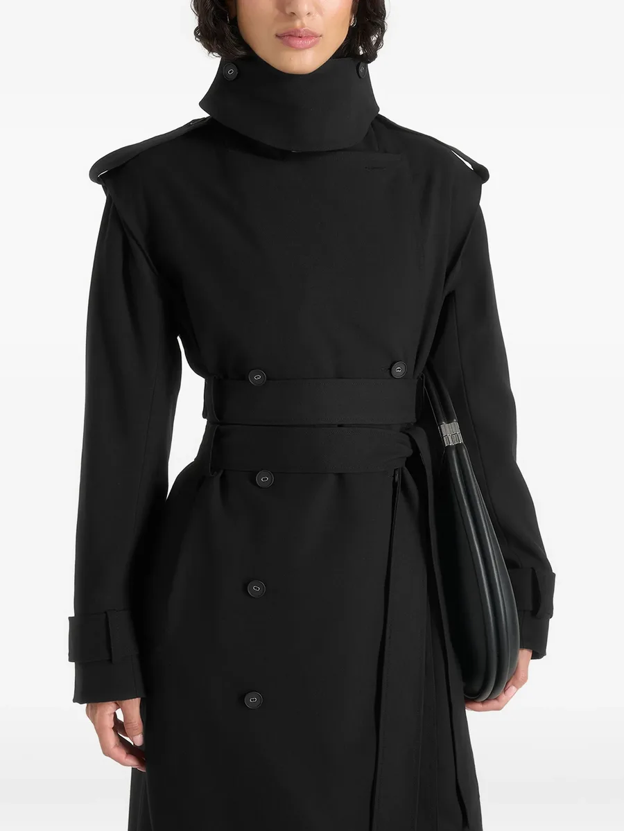 Esther in black tailored trench coat with double belt 4