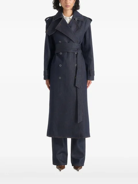 Esther in indigo denim trench coat with double belt