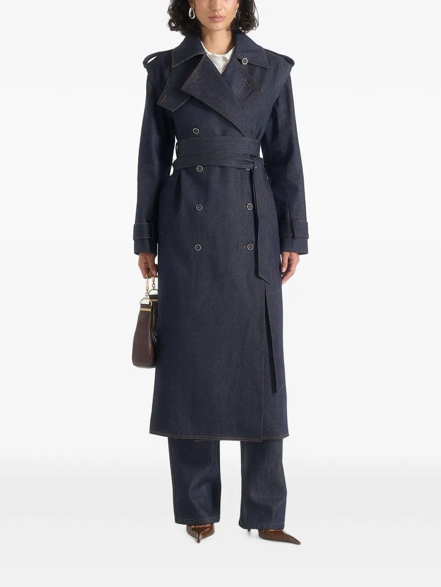Esther in indigo denim trench coat with double belt 2