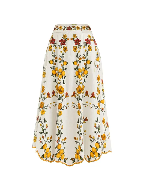 Lemon Bouquet scalloped-hem midi skirt