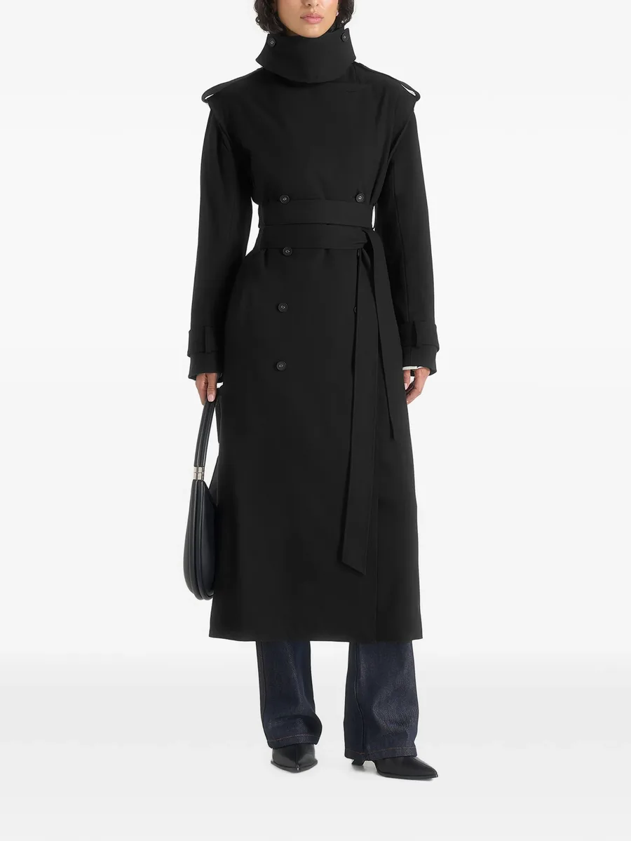 Esther in black tailored trench coat with double belt 2