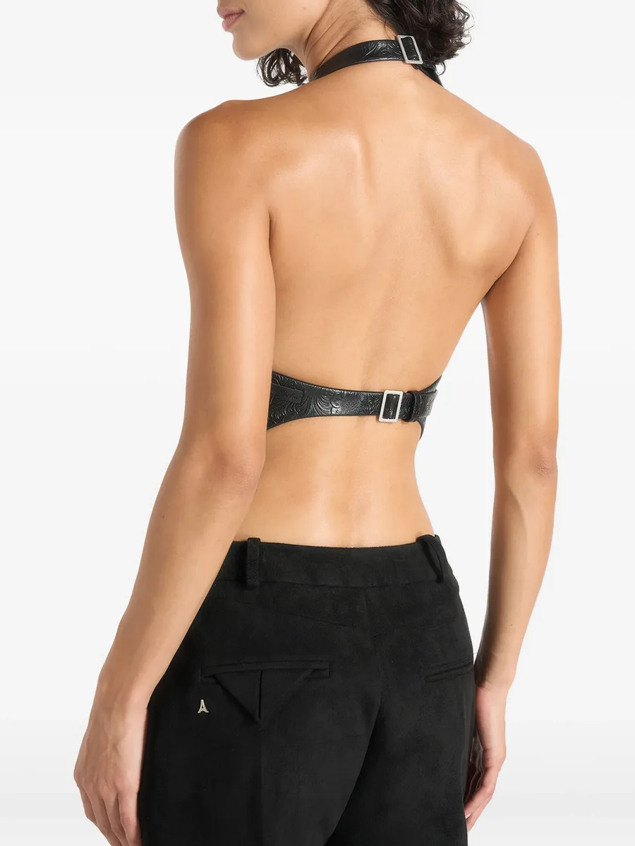 Claudette in black embossed-leather halterneck backless top 4