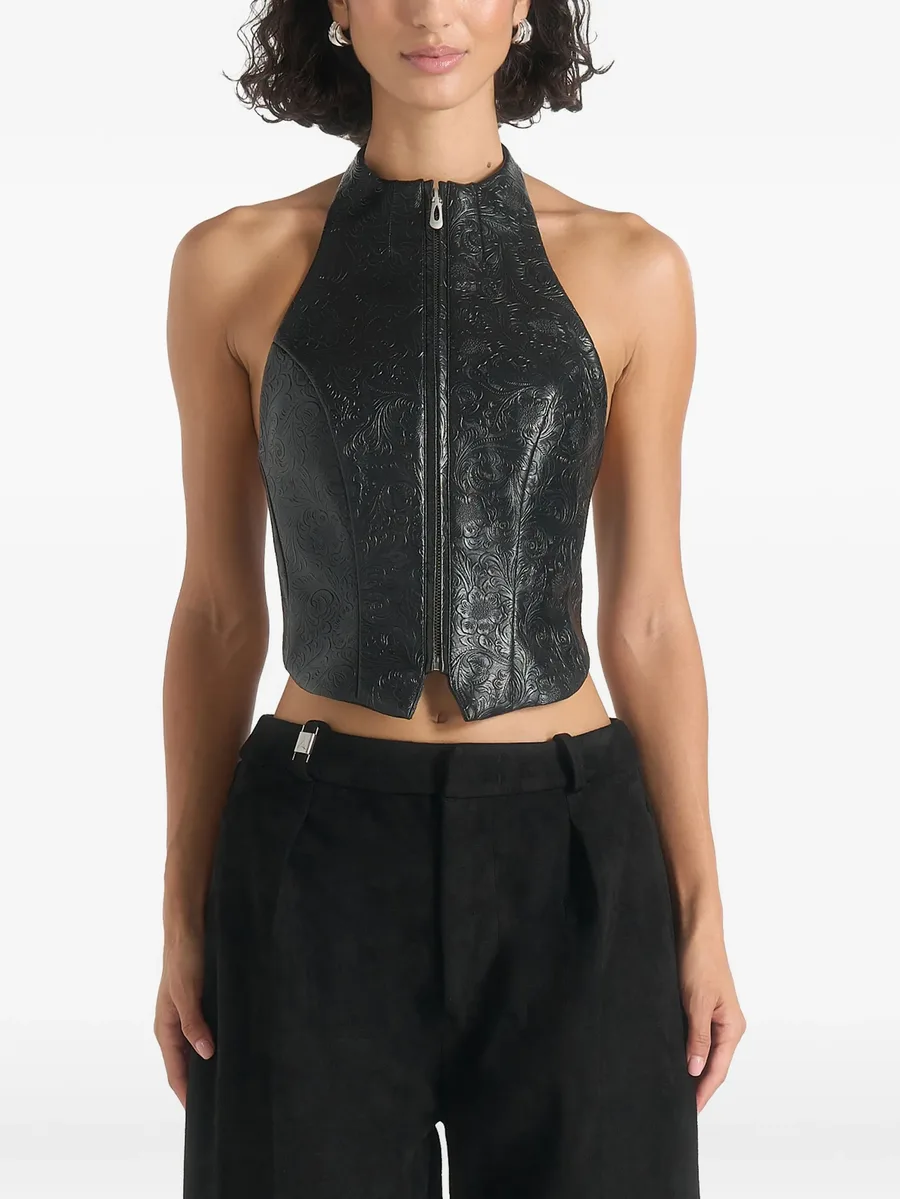 Claudette in black embossed-leather halterneck backless top 1