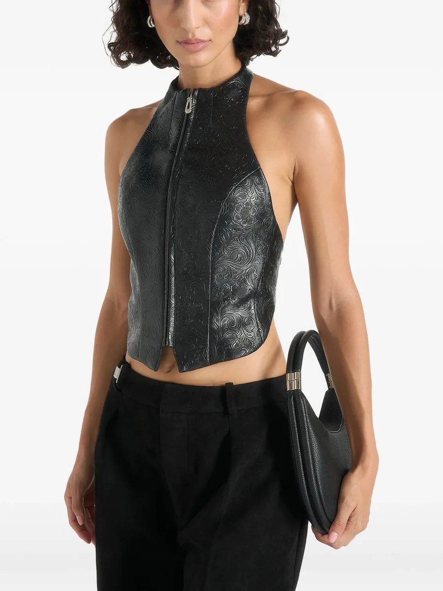 Claudette in black embossed-leather halterneck backless top 3