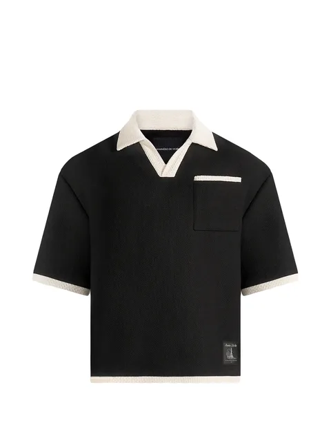 Brice in black boxy crochet-detail polo shirt