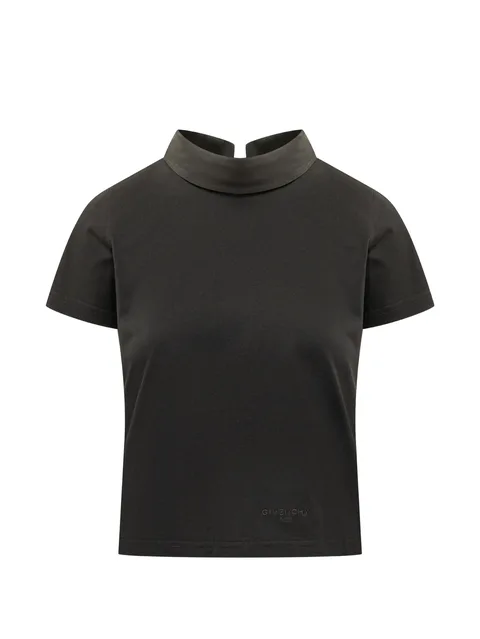 high-collar back-button T-shirt