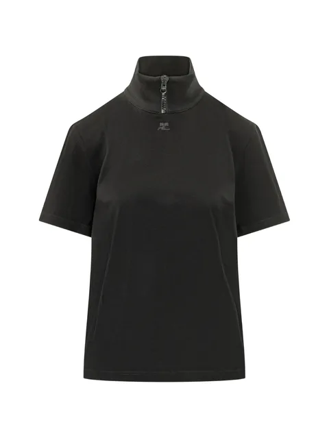 ribbed-collar zip-up T-shirt