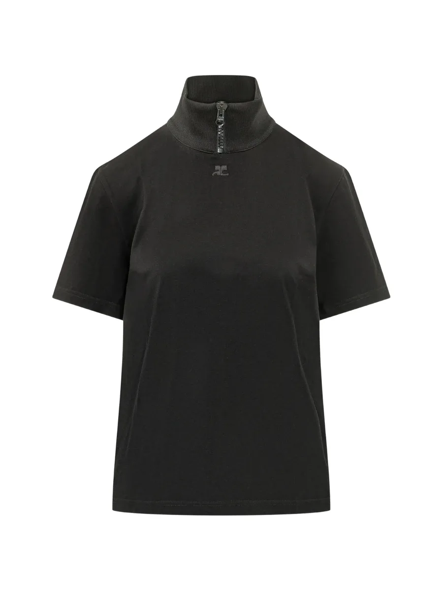 ribbed-collar zip-up T-shirt 1