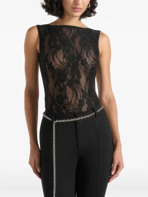 Rhonda in black open-back lace bodysuit