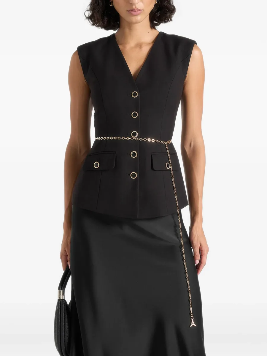 Nahla in black chain-belt waistcoat-satin maxi dress 4
