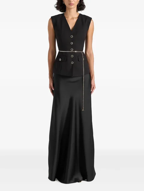 Nahla in black chain-belt waistcoat-satin maxi dress