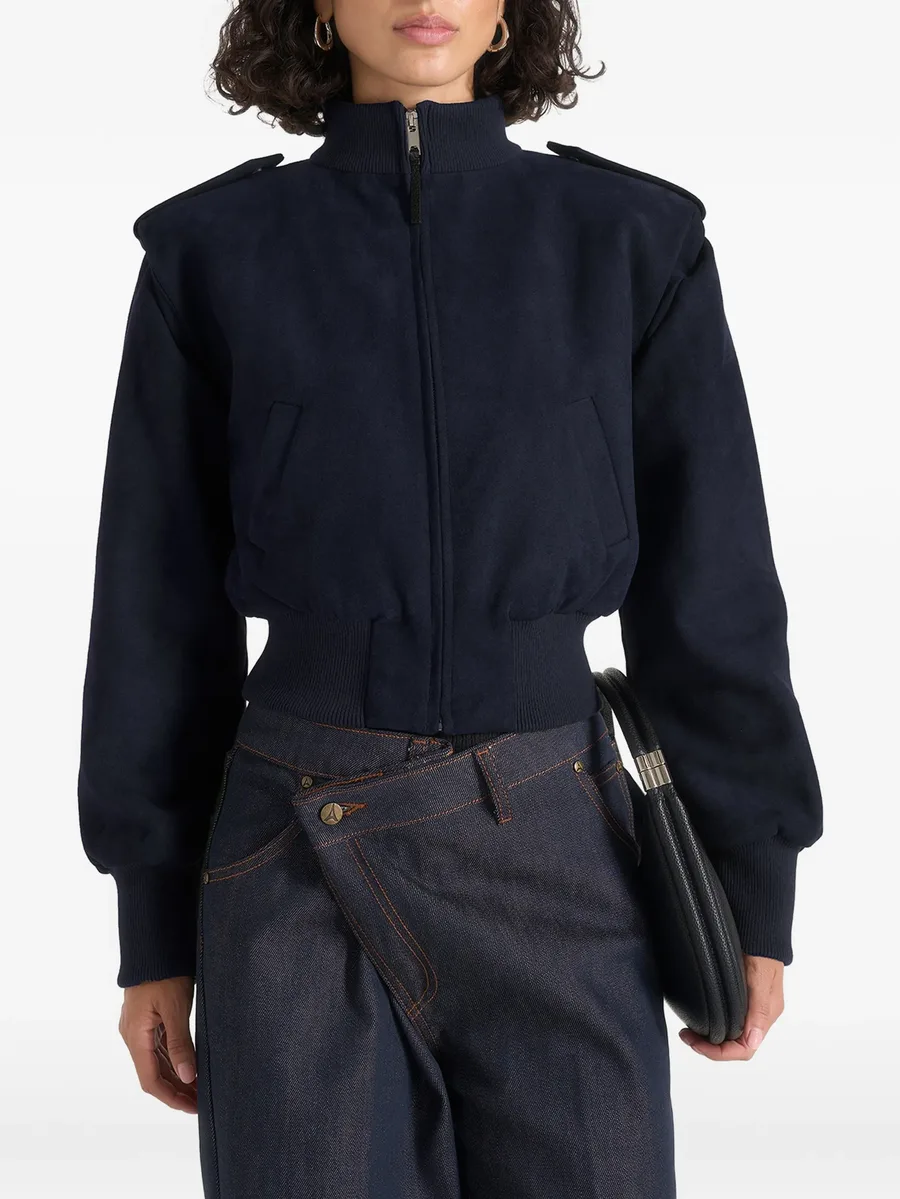 Delfina in navy suede layered-shoulder cropped bomber jacket 1