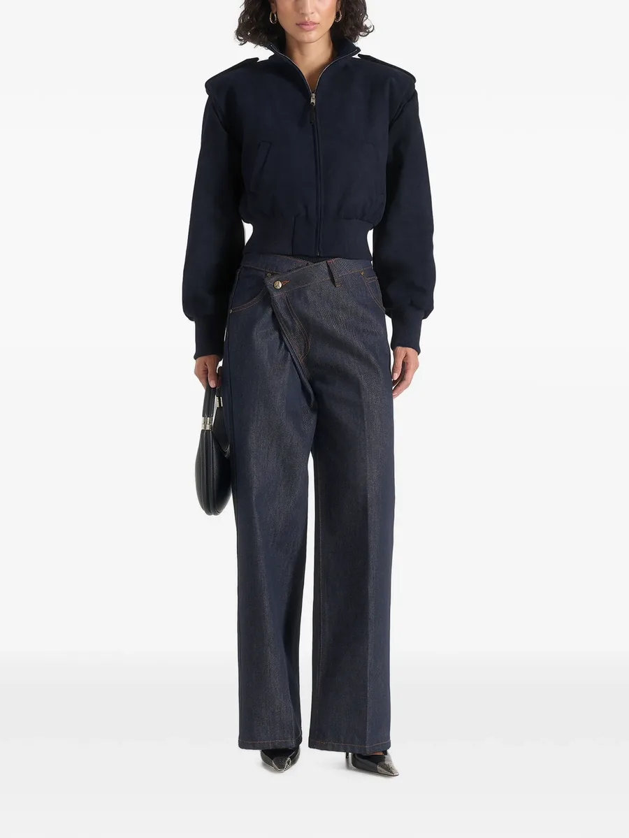 Delfina in navy suede layered-shoulder cropped bomber jacket 2