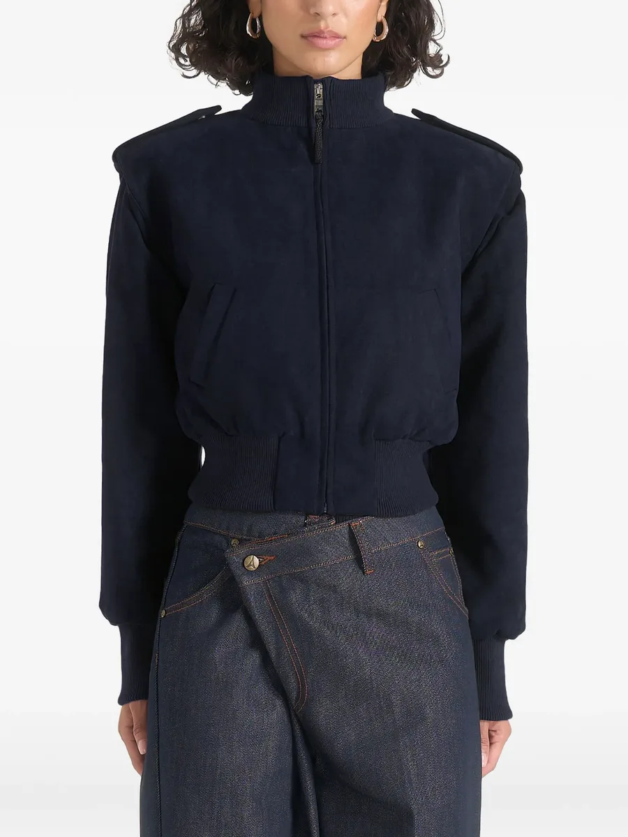 Delfina in navy suede layered-shoulder cropped bomber jacket 3