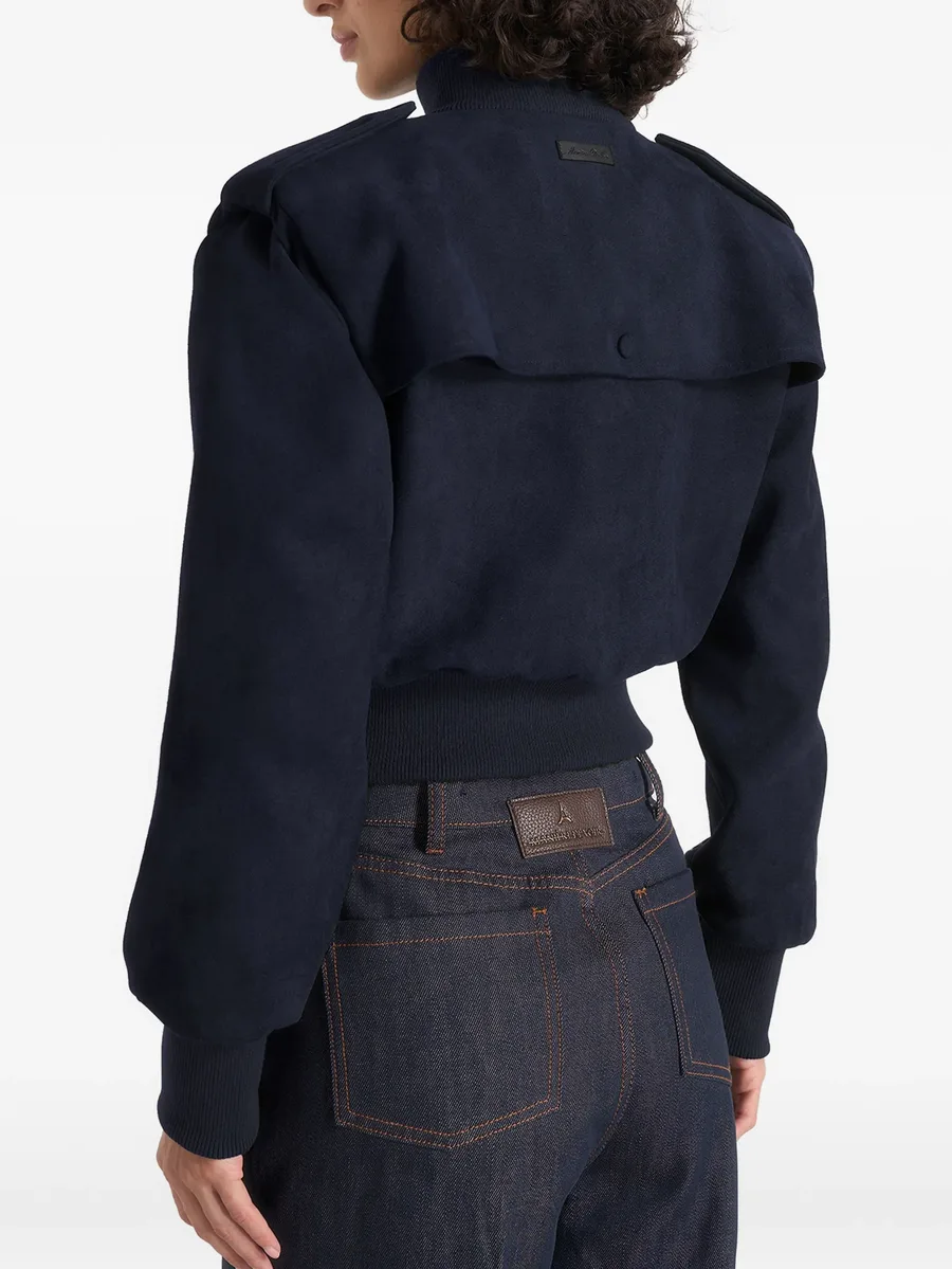 Delfina in navy suede layered-shoulder cropped bomber jacket 4