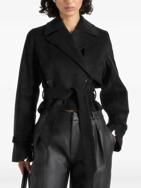 Poppy in black cropped suede belted biker jacket