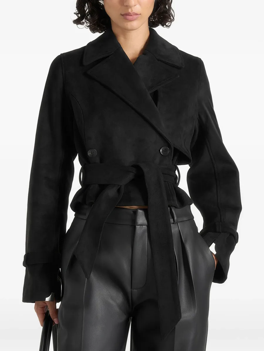 Poppy in black cropped suede belted biker jacket 1