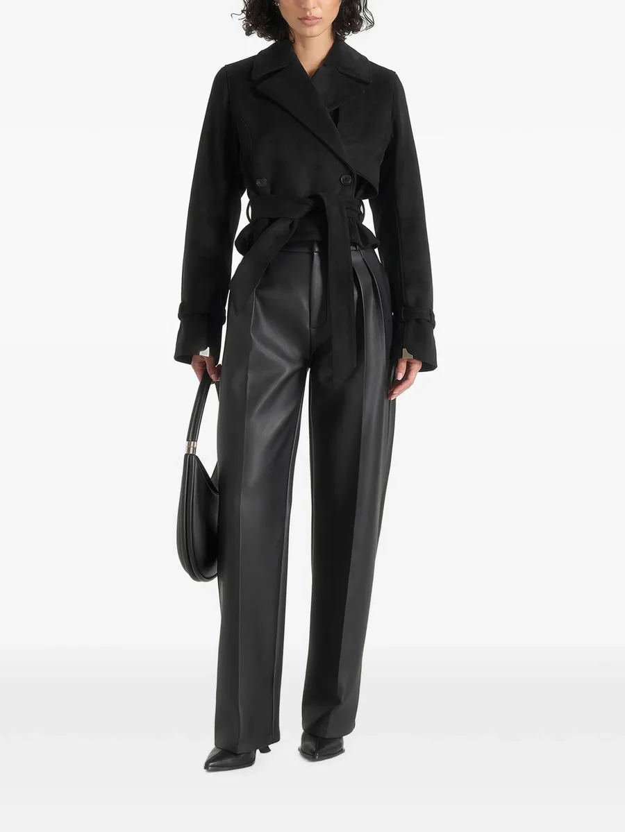 Poppy in black cropped suede belted biker jacket 2