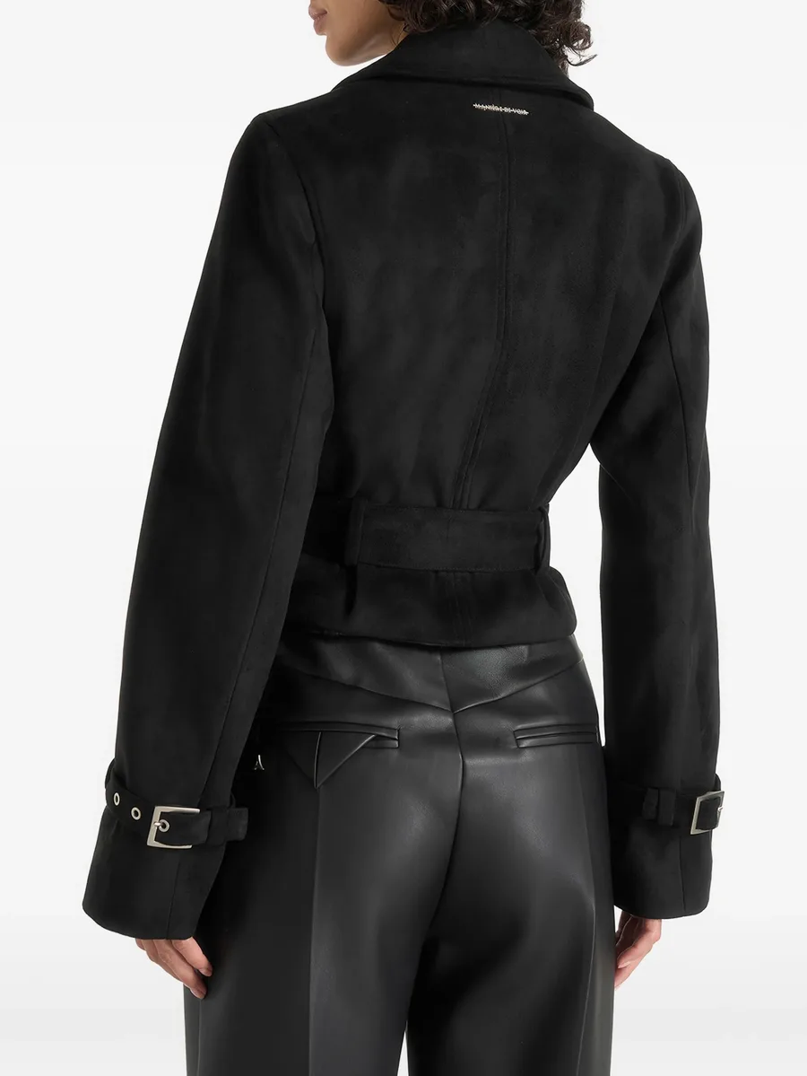 Poppy in black cropped suede belted biker jacket 3