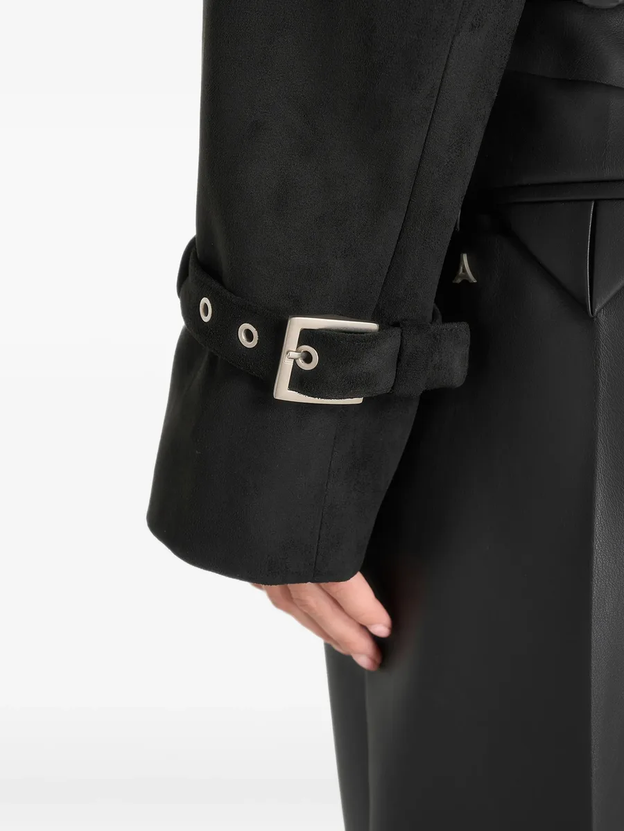 Poppy in black cropped suede belted biker jacket 4