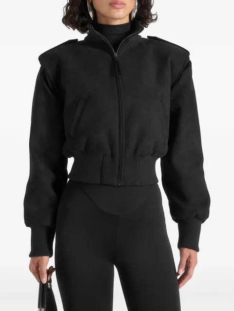 Delfina in black suede layered-shoulder cropped bomber jacket