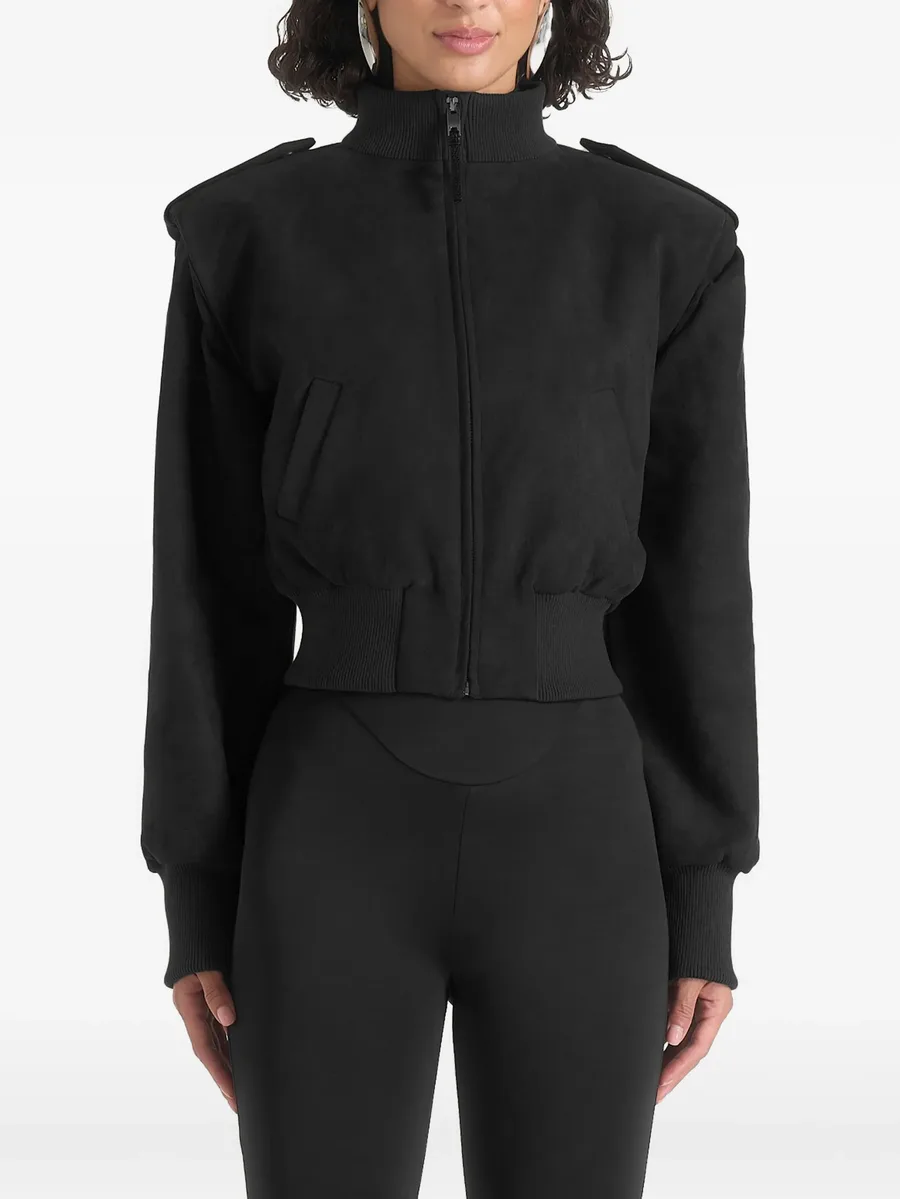 Delfina in black suede layered-shoulder cropped bomber jacket 3