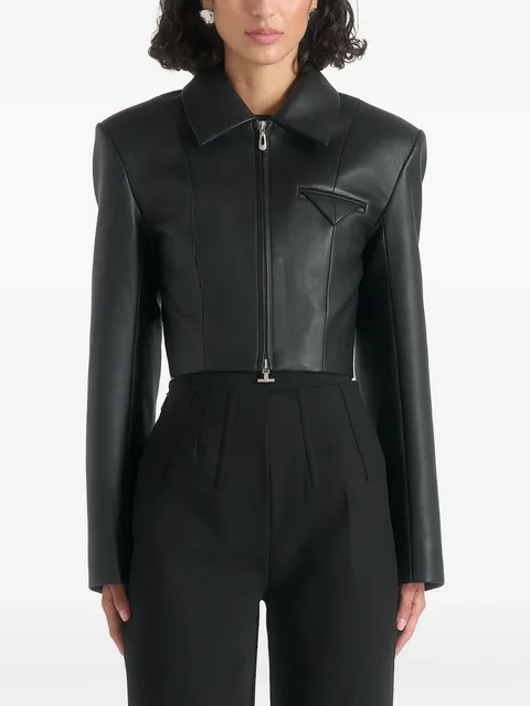 Adina in black leather cropped jacket