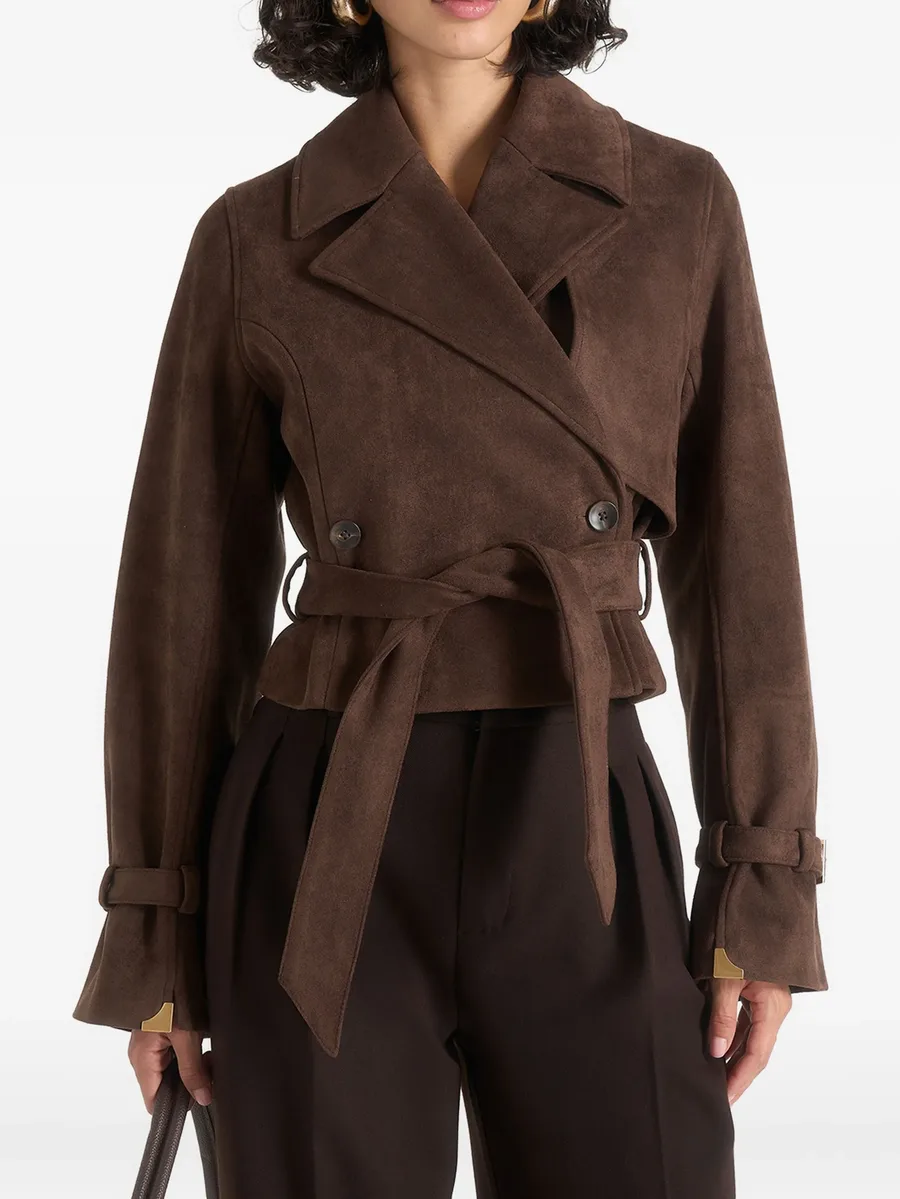 Poppy cropped suede belted biker jacket in brown 1