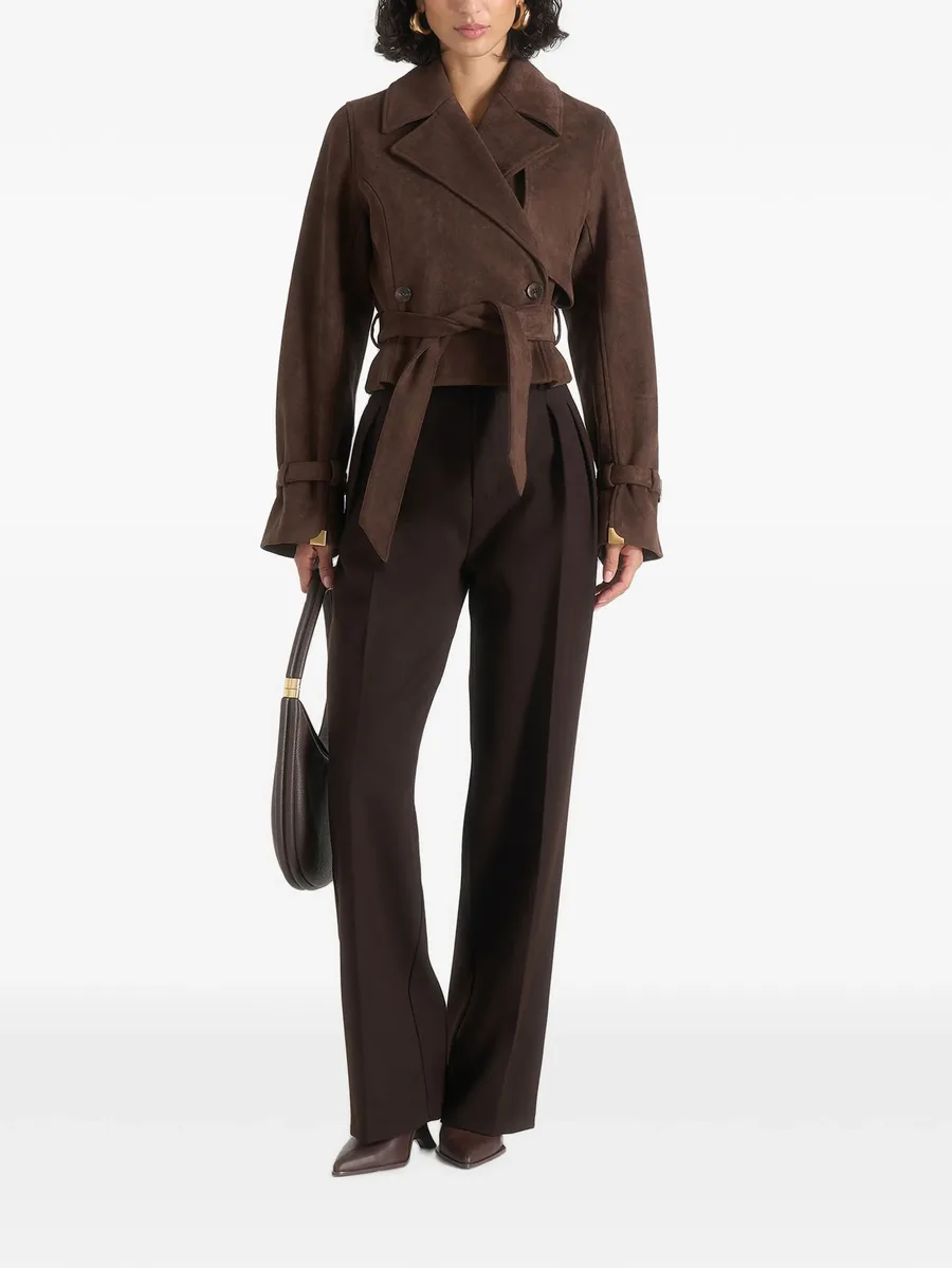 Poppy cropped suede belted biker jacket in brown 2