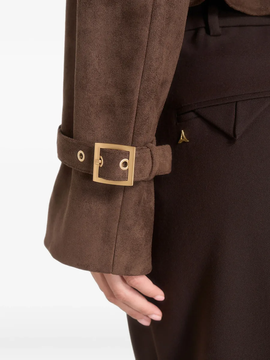 Poppy cropped suede belted biker jacket in brown 4