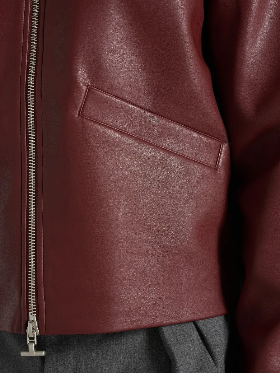 Yves in wine red minimal leather jacket 5