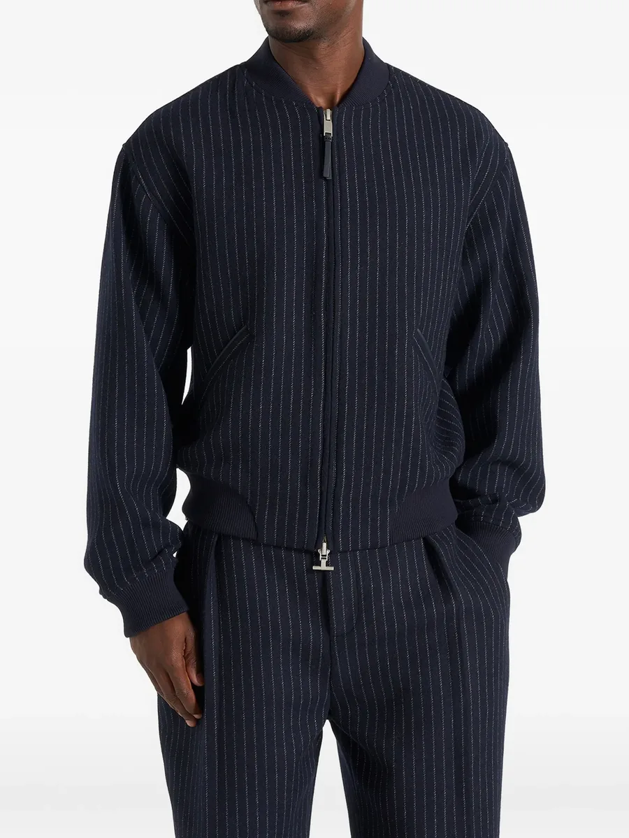 Leandro in navy pinstripe wool bomber jacket 1