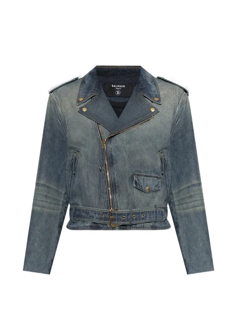belted biker-style denim jacket
