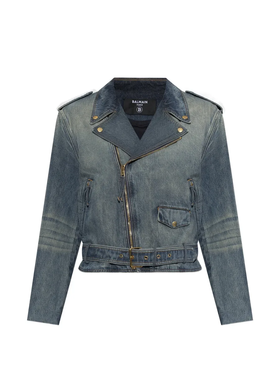 belted biker-style denim jacket 1