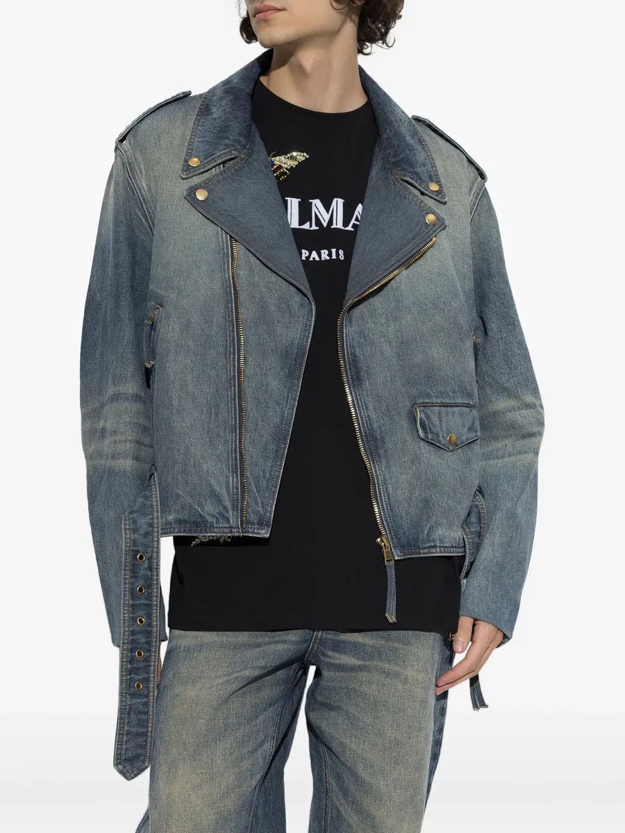 belted biker-style denim jacket 3